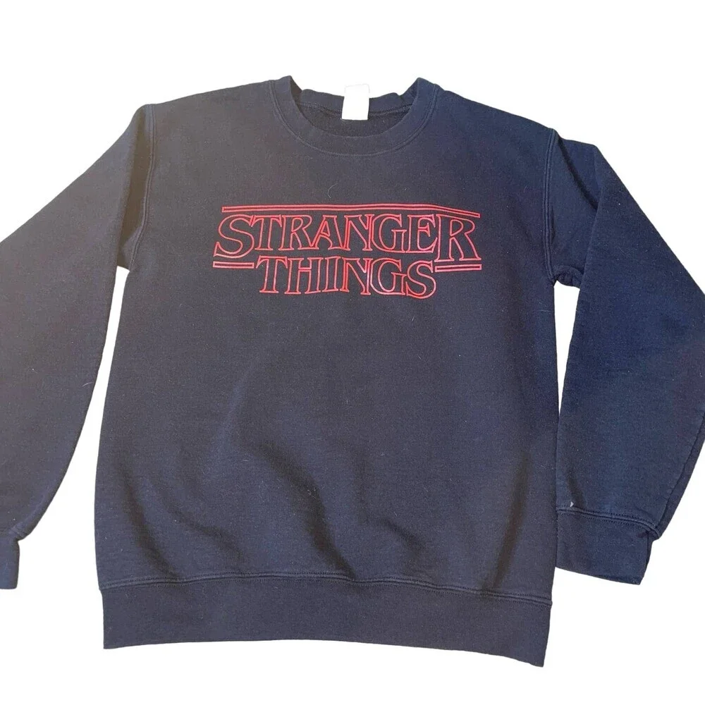Gildan Stranger Things sweatshirt black/red long sleeve graphic spell out SZ SM - Picture 3 of 8